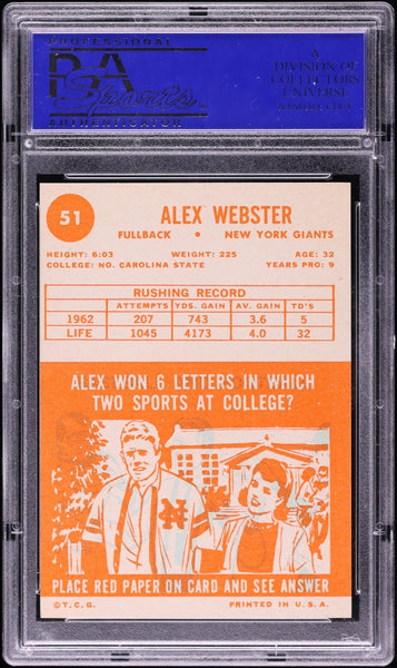 1963 Topps FB Card # 51 Alex Webster New York Giants HOF SP PSA 8 NM-MT (MGD2)