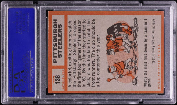 1962 Topps FB Card #138 Pittsburgh Steelers Team Card PSA 7 NRMT (MGD2)
