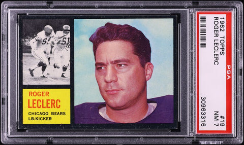 1962 Topps FB Card # 19 Roger Leclerc Chicago Bears ROOKIE RC PSA 7 NRMT (MGD2)