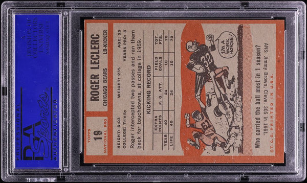 1962 Topps FB Card # 19 Roger Leclerc Chicago Bears ROOKIE RC PSA 7 NRMT (MGD2)