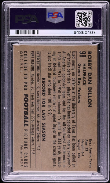 1952 Bowman Large FB Card # 98 Bobby Dillon Green Bay Packers HOF RC PSA 5 EX (MGD2)