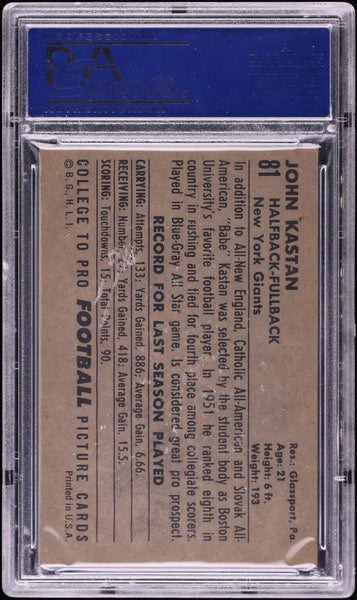 1952 Bowman Large FB Card # 81 John Kastan New York Giants SP ROOKIE RC PSA 5 EX (MGD2)