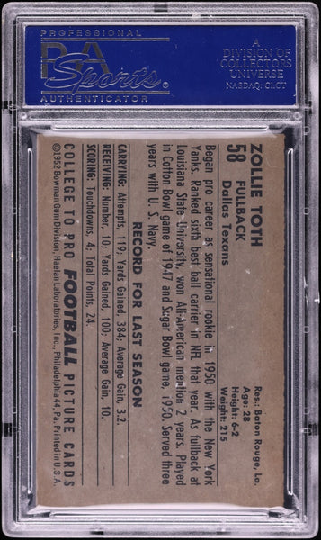 1952 Bowman Large FB Card # 58 Zollie Toth Dallas Texans PSA 6 EXMT (MGD2)