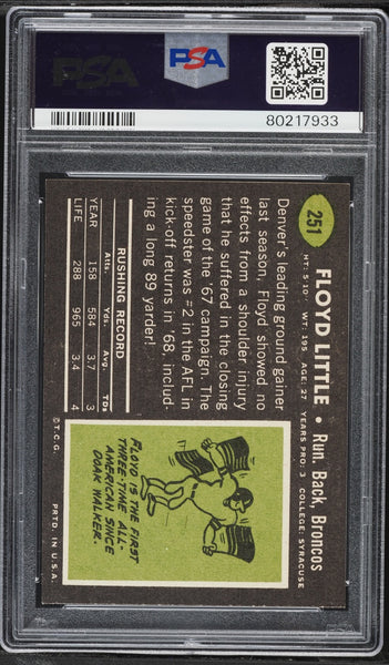 1969 Topps FB Card #251 Floyd Little Denver Broncos HOF PSA 8 NM-MT (MGD2)