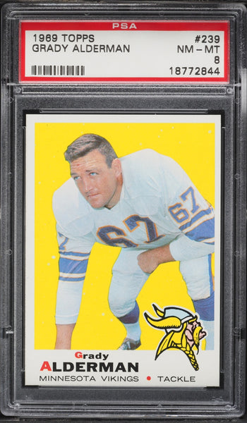 1969 Topps FB Card #239 Grady Alderman Minnesota Vikings HOF PSA 8 NM-MT (MGD2)