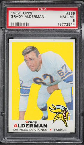 1969 Topps FB Card #239 Grady Alderman Minnesota Vikings HOF PSA 8 NM-MT (MGD2)