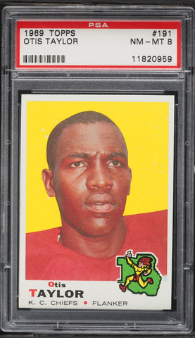 1969 Topps FB Card #191 Otis Taylor Kansas City Chiefs HOF PSA 8 NM-MT (MGD2)