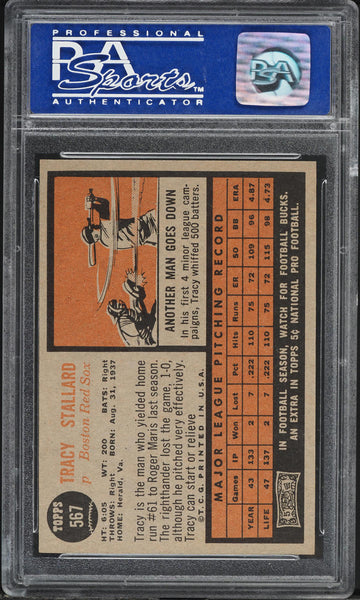 1962 Topps BB Card #567 Tracy Stallard Boston Red Sox SP PSA 8 NM-MT (MGD2)
