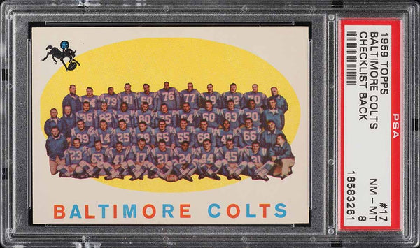 1959 Topps FB Card # 17 Baltimore Colts TEAM CARD CHECKLIST BACK PSA 8 NM-MT (MGD2)