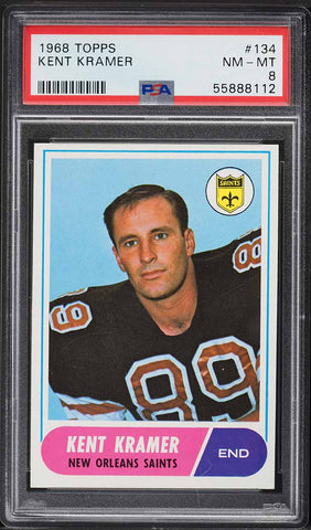 1968 Topps FB Card #134 Kent Kramer New Orleans Saints ROOKIE RC PSA 8 NM-MT (MGD2)