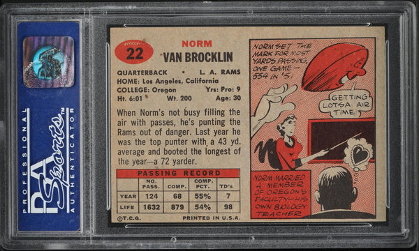 1957 Topps FB Card # 22 Norm Van Brocklin Los Angeles Rams HOF PSA 8 NM-MT (MGD2)