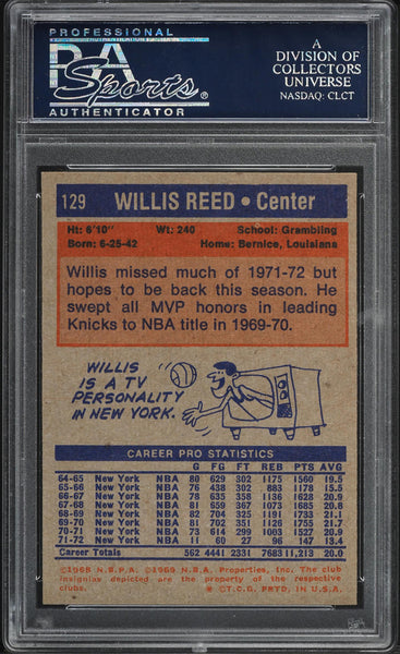 1972 Topps BkB Card #129 Willis Reed New York Knicks HOF PSA 8 NM-MT (MGD2)