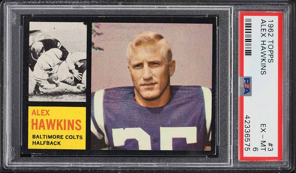 1962 Topps FB Card # 3 Alex Hawkins Baltimore Colts SP ROOKIE RC PSA 6 EXMT (MGD2)