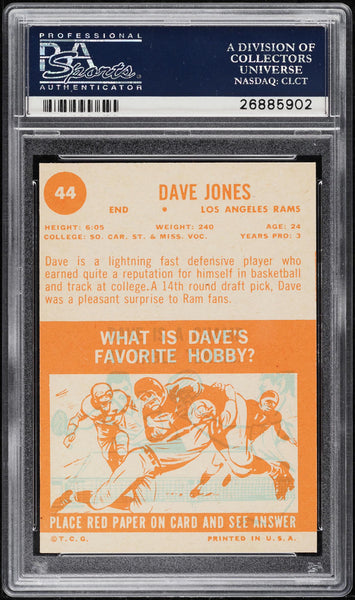 1963 Topps FB Card # 44 Deacon Jones Los Angeles Rams HOF ROOKIE RC PSA 7 NRMT (MGD2)