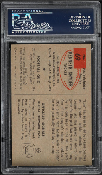 1954 Bowman FB Card # 69 Kenneth Lum Snyder Philadelphia Eagles PSA 8 NM-MT (MGD2)