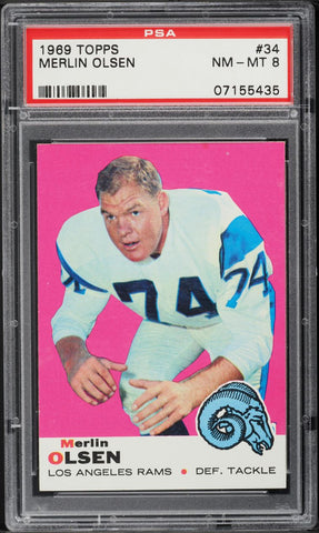 1969 Topps FB Card # 34 Merlin Olsen Los Angeles Rams HOF PSA 8 NM-MT (MGD2)