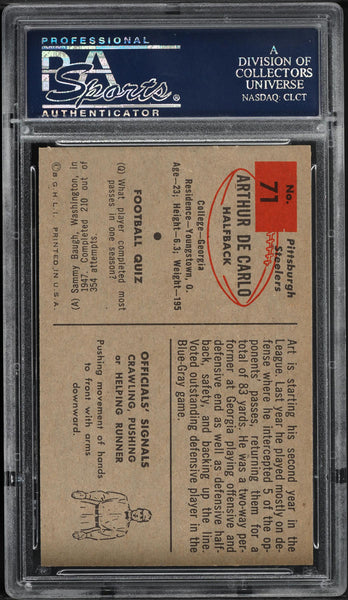 1954 Bowman FB Card # 71 Art De Carlo Pittsburgh Steelers ROOKIE RC PSA 8 NM-MT (MGD2)