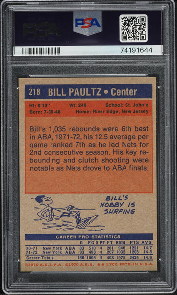 1972 Topps BkB Card #218 Bill Paultz New York Nets PSA 9 MINT (MGD2)