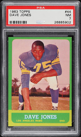 1963 Topps FB Card # 44 Deacon Jones Los Angeles Rams HOF ROOKIE RC PSA 7 NRMT (MGD2)