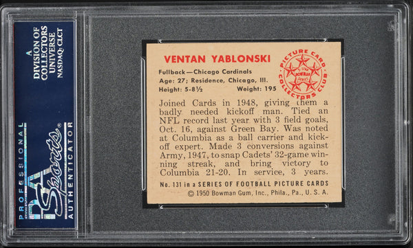 1950 Bowman FB Card #131 Ventan Yablonski Cardinals ROOKIE RC PSA 7.5 NRMT+ (MGD2)