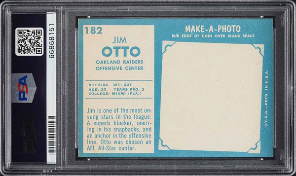 1961 Topps FB Card #182 Jim Otto Oakland Raiders HOF ROOKIE RC PSA 8 NM-MT (MGD2)