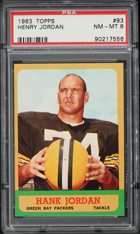 1963 Topps FB Card # 93 Hank Jordan Green Bay Packers HOF PSA 8 NM-MT (MGD2)