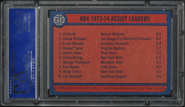 1974 Topps BkB Card #212 Al Smith Louie Dampier ASSISTS LDRS PSA 8 NM-MT (MGD2)