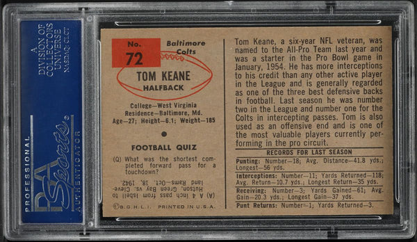 1954 Bowman FB Card # 72 Tom Keane Baltimore Colts ROOKIE RC SP PSA 8 NM-MT (MGD2)