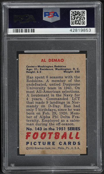 1951 Bowman FB Card #143 Al Demao Washington Redskins PSA 6 EXMT (MGD2)