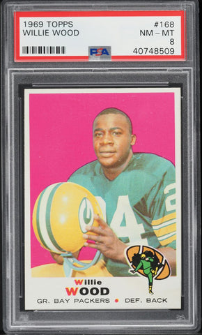 1969 Topps FB Card #168 Willie Wood Green Bay Packers HOF PSA 8 NM-MT (MGD2)