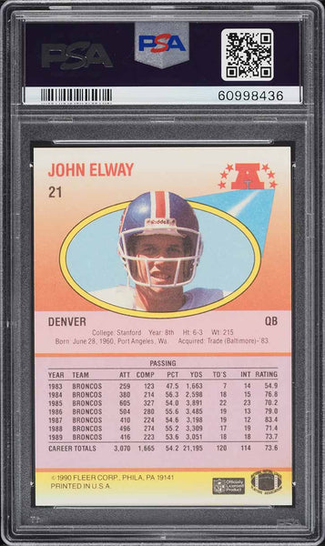 1990 Fleer FB Card # 21 John Elway Denver Broncos HOF PSA 10 GEM MINT (MGD2)