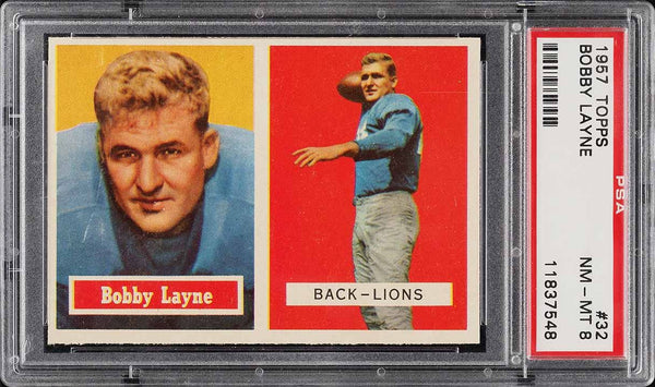 1957 Topps FB Card # 32 Bobby Layne Detroit Lions HOF PSA 8 NM-MT (MGD2)