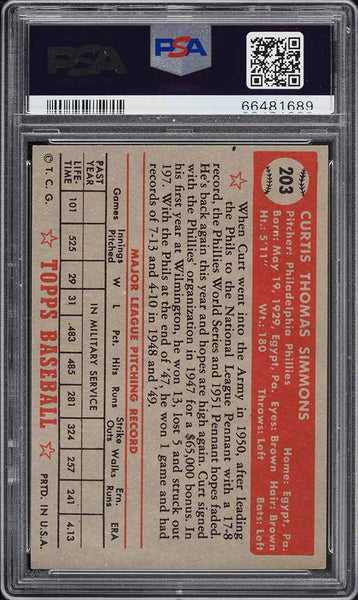 1952 Topps BB Card #203 Curt Simmons Philadelphia Phillies PSA 7 NRMT (MGD2)