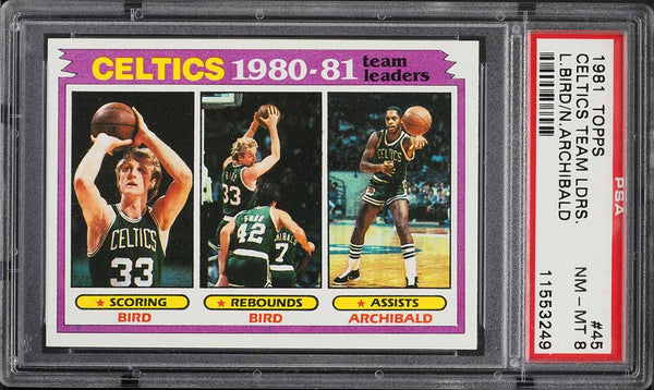 1981 Topps BkB Card # 45 Larry Bird Nate Archibald HOF TEAM LDRS PSA 8 NM-MT (MGD2)