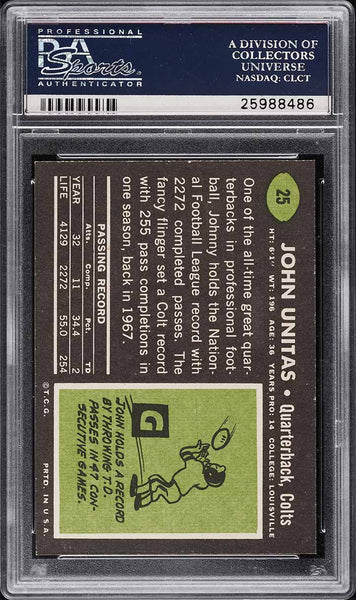 1969 Topps FB Card # 25 Johnny Unitas Baltimore Colts HOF PSA 7 NRMT (MGD2)