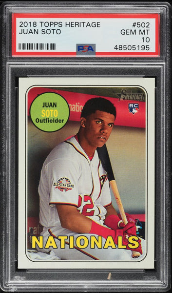 2018 Topps Heritage BB Card #502 Juan Soto ROOKIE RC PSA 10 GEM MINT (MGD2)