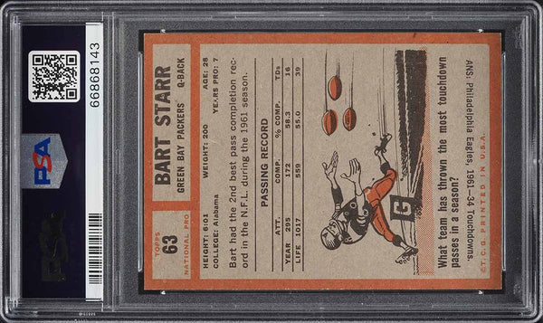 1962 Topps FB Card # 63 Bart Starr SHORT PRINT HOF PSA 6 EXMT (MGD2)