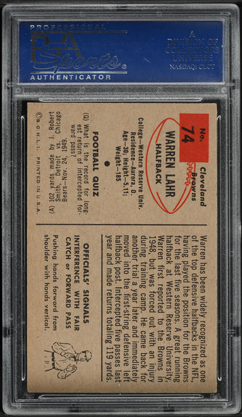 1954 Bowman FB Card # 74 Warren Lahr Cleveland Browns ROOKIE RC SP PSA 7 NRMT (MGD2)