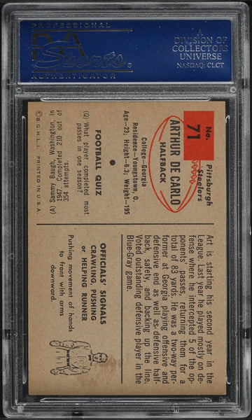 1954 Bowman FB Card # 71 Art De Carlo Pittsburgh Steelers ROOKIE RC PSA 7 NRMT (MGD2)