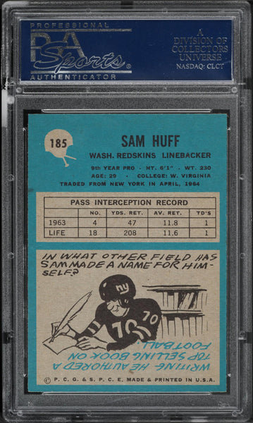 1964 Philadelphia FB Card #185 Sam Huff Washington Redskins HOF PSA 8 NM-MT (MGD2)