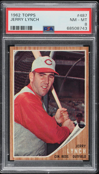 1962 Topps BB Card #487 Jerry Lynch Cincinnati Reds HOF PSA 8 NM-MT (MGD2)