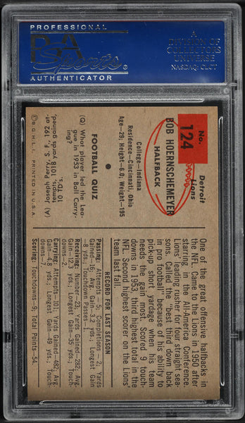 1954 Bowman FB Card #124 Bob Hoernschemeyer Detroit Lions PSA 8 NM-MT (MGD2)