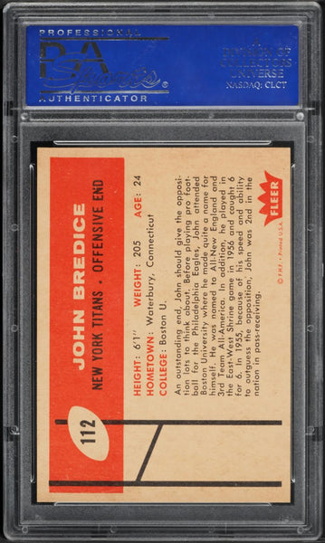 1960 Fleer FB Card #112 John Bredice New York Titans ROOKIE RC PSA 8 NM-MT (MGD2)