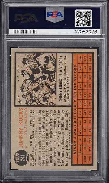 1962 Topps BB Card #241 Johnny Kucks St. Louis Cardinals PSA 8 NM-MT (MGD2)