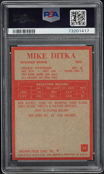 1965 Philadelphia FB Card # 19 Mike Ditka HOF PSA 8 NM-MT (MGD2)