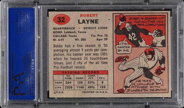 1957 Topps FB Card # 32 Bobby Layne Detroit Lions HOF PSA 8 NM-MT (MGD2)