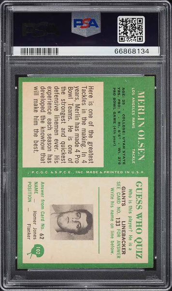 1966 Philadelphia FB Card #102 Merlin Olsen Los Angeles Rams HOF PSA 8 NM-MT (MGD2)