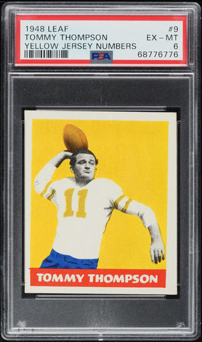 1948 Leaf FB Card # 9 Tommy Thompson YELLOW JERSEY NUMBERS PSA 6 EXMT (MGD2)