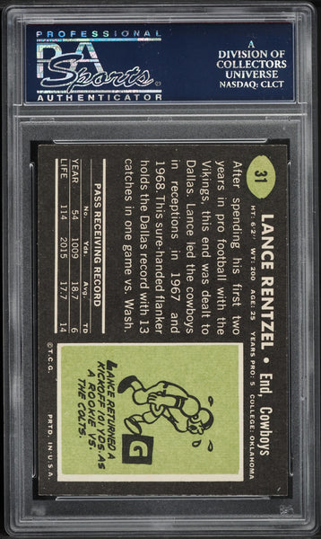 1969 Topps FB Card # 31 Lance Rentzel Dallas Cowboys ROOKIE RC PSA 8 NM-MT (MGD2)