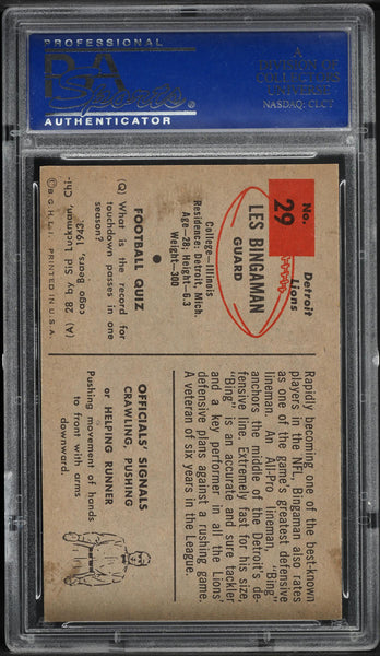 1954 Bowman FB Card # 29 Les Bingaman Detroit Lions ROOKIE RC PSA 8 NM-MT (MGD2)